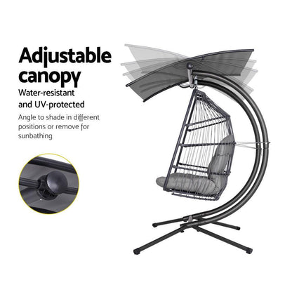 Gardeon Outdoor Egg Swing Chair Wicker Furniture Pod Stand Canopy 2 Seater Grey - Ozstylz