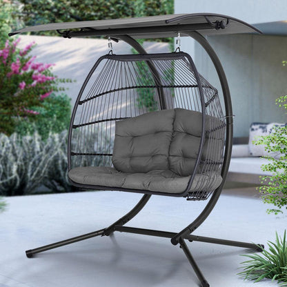 Gardeon Outdoor Egg Swing Chair Wicker Furniture Pod Stand Canopy 2 Seater Grey - Ozstylz