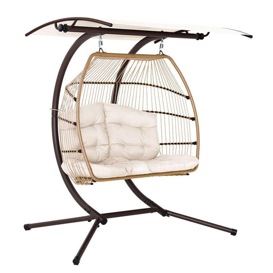 Gardeon Outdoor Egg Swing Chair Wicker Furniture Pod Stand Canopy 2 Seater Latte - Ozstylz