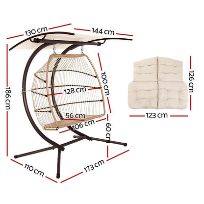 Gardeon Outdoor Egg Swing Chair Wicker Furniture Pod Stand Canopy 2 Seater Latte - Ozstylz