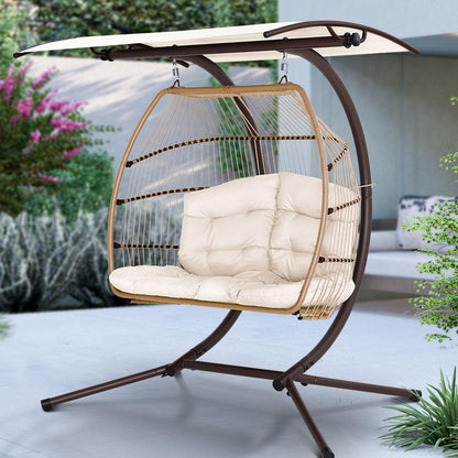 Gardeon Outdoor Egg Swing Chair Wicker Furniture Pod Stand Canopy 2 Seater Latte - Ozstylz