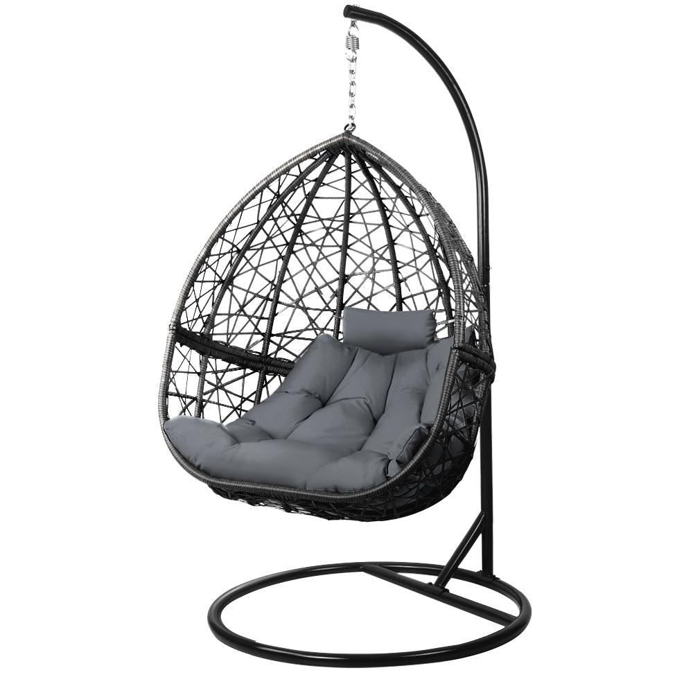 Gardeon Outdoor Egg Swing Chair Wicker Rattan Furniture Pod Stand Cushion Grey - Ozstylz