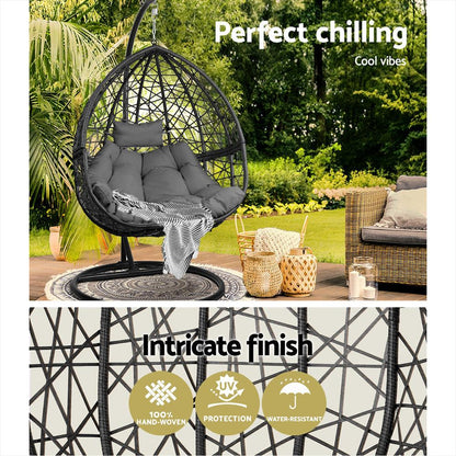 Gardeon Outdoor Egg Swing Chair Wicker Rattan Furniture Pod Stand Cushion Grey - Ozstylz