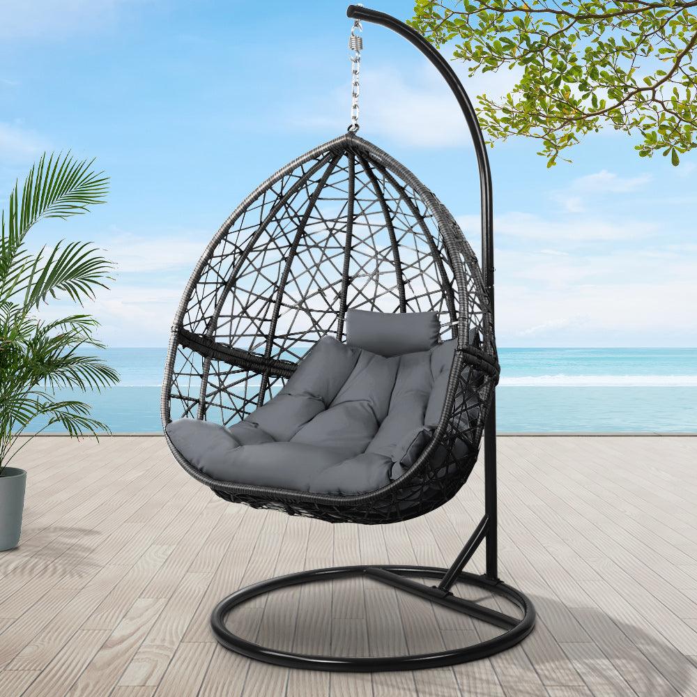 Gardeon Outdoor Egg Swing Chair Wicker Rattan Furniture Pod Stand Cushion Grey - Ozstylz