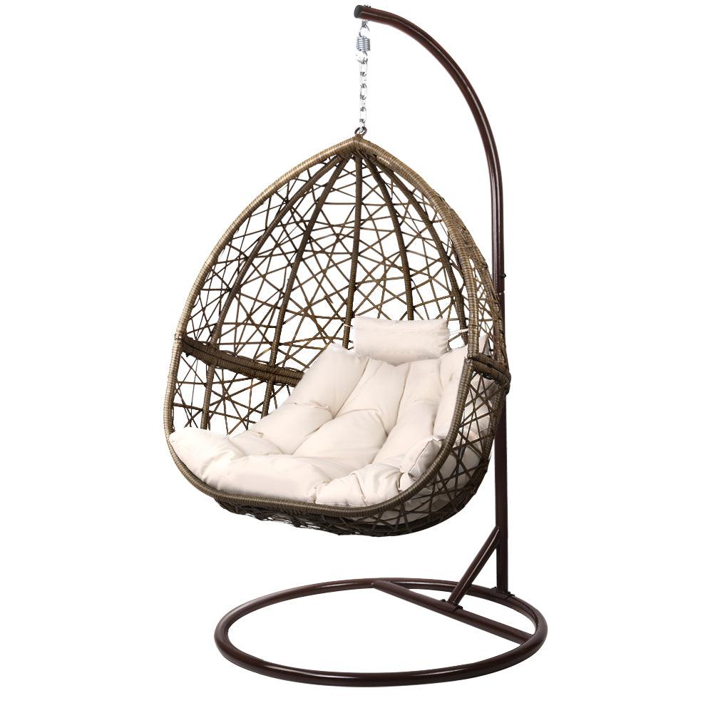 Gardeon Outdoor Egg Swing Chair Wicker Rattan Furniture Pod Stand Cushion Latte - Ozstylz