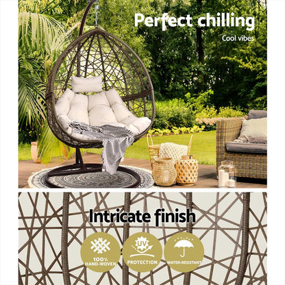 Gardeon Outdoor Egg Swing Chair Wicker Rattan Furniture Pod Stand Cushion Latte - Ozstylz