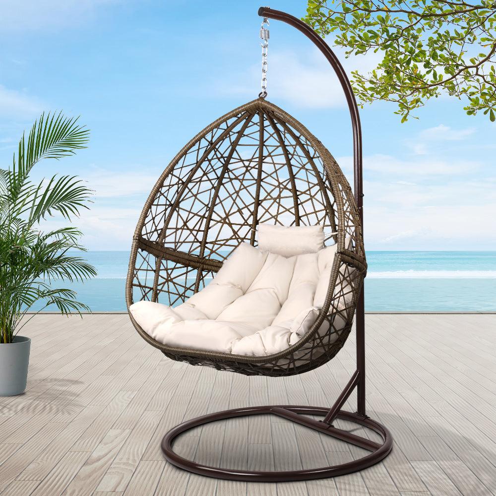 Gardeon Outdoor Egg Swing Chair Wicker Rattan Furniture Pod Stand Cushion Latte - Ozstylz