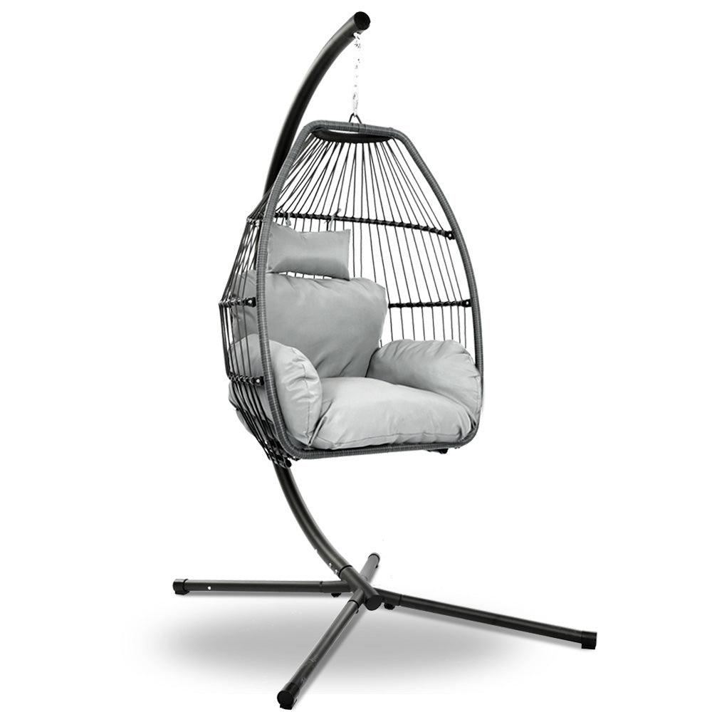 Gardeon Outdoor Egg Swing Chair Wicker Rope Furniture Pod Stand Cushion Grey - Ozstylz