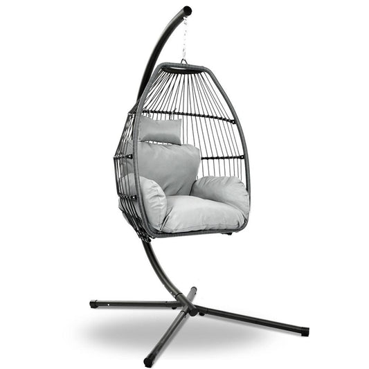 Gardeon Outdoor Egg Swing Chair Wicker Rope Furniture Pod Stand Cushion Grey - Ozstylz