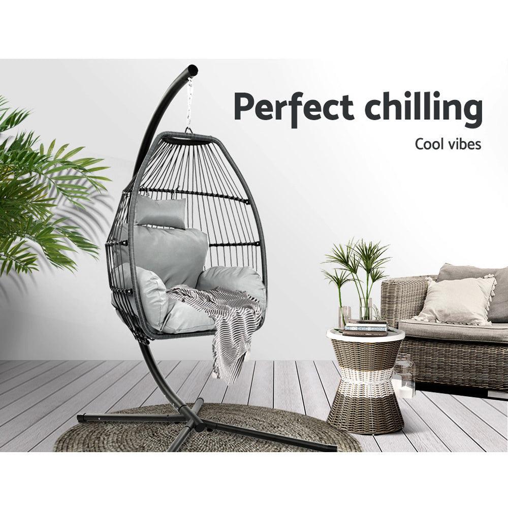 Gardeon Outdoor Egg Swing Chair Wicker Rope Furniture Pod Stand Cushion Grey - Ozstylz