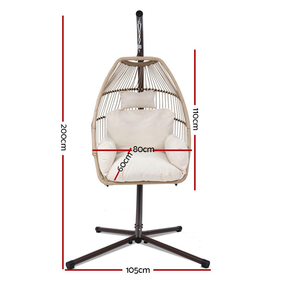 Gardeon Outdoor Egg Swing Chair Wicker Rope Furniture Pod Stand Cushion Latte - Ozstylz