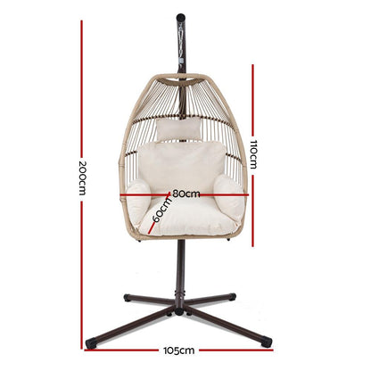 Gardeon Outdoor Egg Swing Chair Wicker Rope Furniture Pod Stand Cushion Latte - Ozstylz