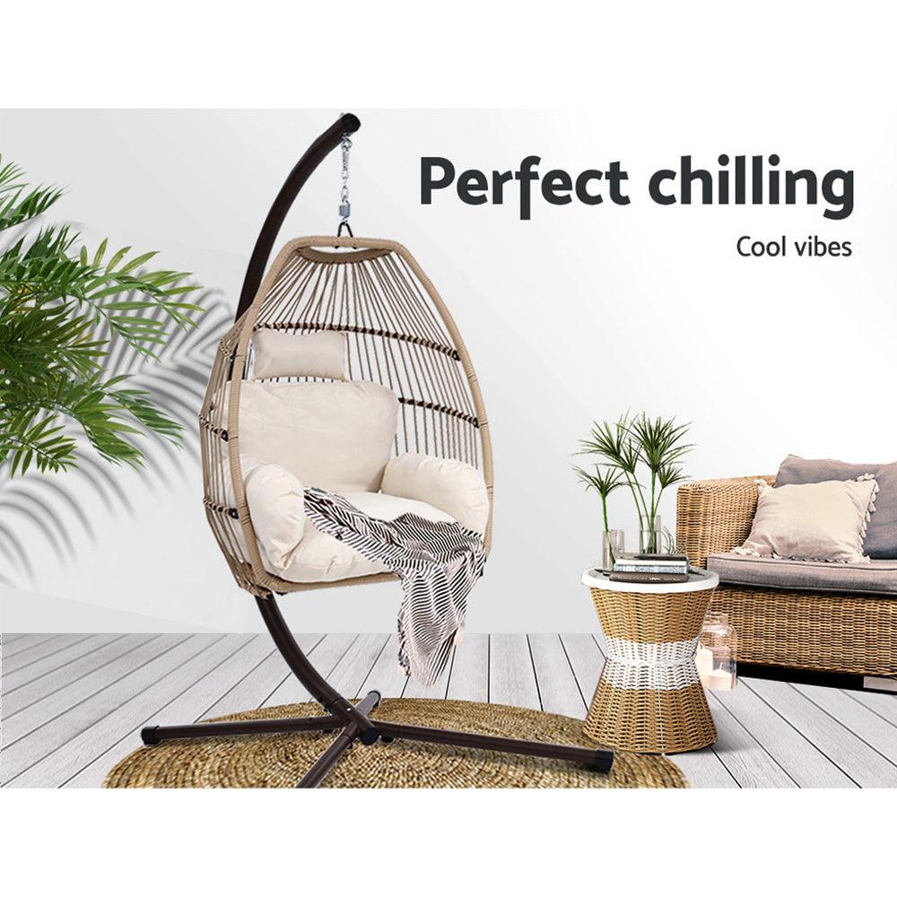 Gardeon Outdoor Egg Swing Chair Wicker Rope Furniture Pod Stand Cushion Latte - Ozstylz