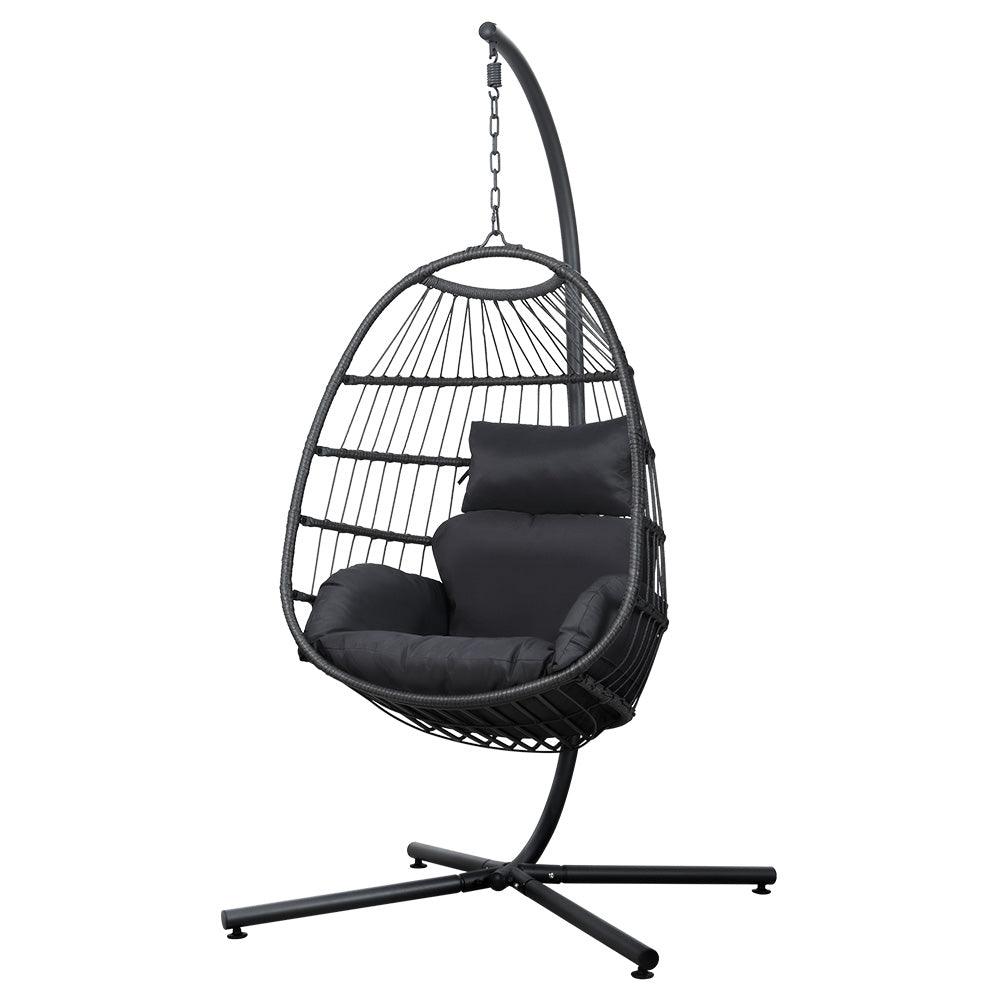 Gardeon Outdoor Egg Swing Chair Wicker Rope Furniture Pod Stand Foldable Grey - Ozstylz