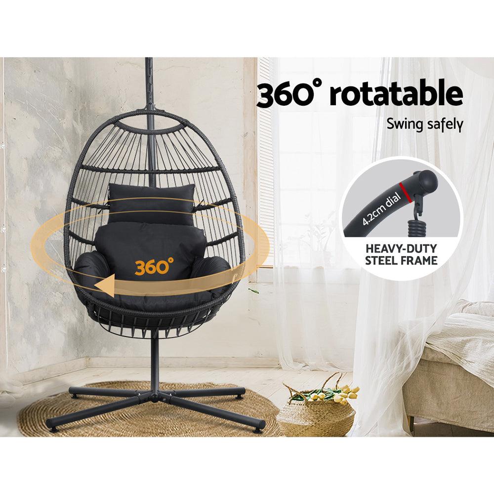 Gardeon Outdoor Egg Swing Chair Wicker Rope Furniture Pod Stand Foldable Grey - Ozstylz