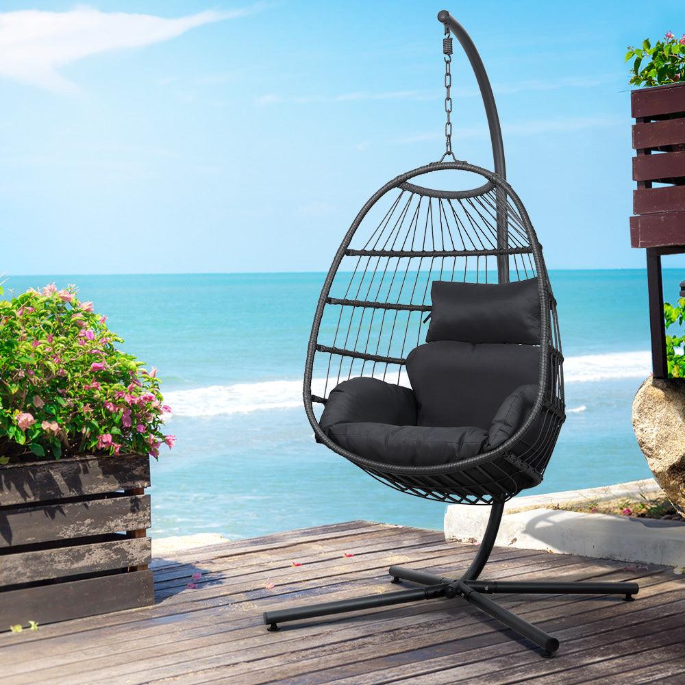 Gardeon Outdoor Egg Swing Chair Wicker Rope Furniture Pod Stand Foldable Grey - Ozstylz