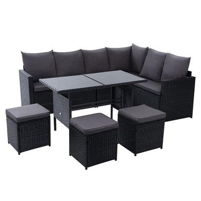 Gardeon Outdoor Furniture Dining Setting Sofa Set Lounge Wicker 9 Seater Black - Ozstylz