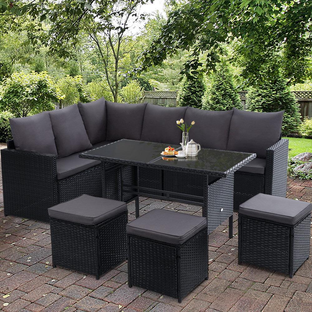 Gardeon Outdoor Furniture Dining Setting Sofa Set Lounge Wicker 9 Seater Black - Ozstylz