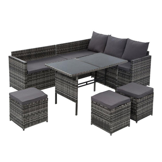 Gardeon Outdoor Furniture Dining Setting Sofa Set Lounge Wicker 9 Seater Mixed Grey - Ozstylz