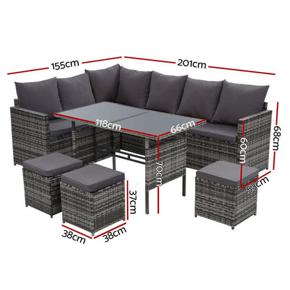 Gardeon Outdoor Furniture Dining Setting Sofa Set Lounge Wicker 9 Seater Mixed Grey - Ozstylz