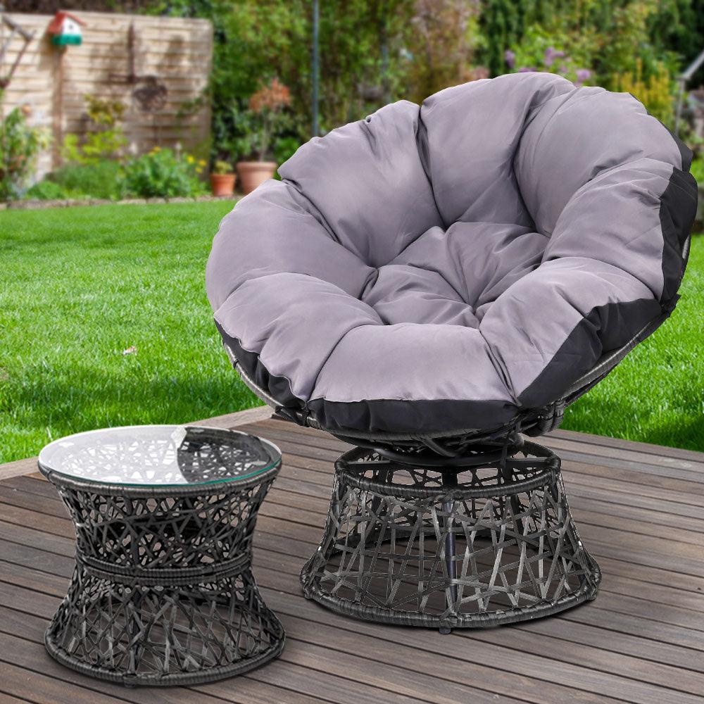 Gardeon Outdoor Lounge Setting Papasan Chair Wicker Table Garden Furniture Black - Ozstylz