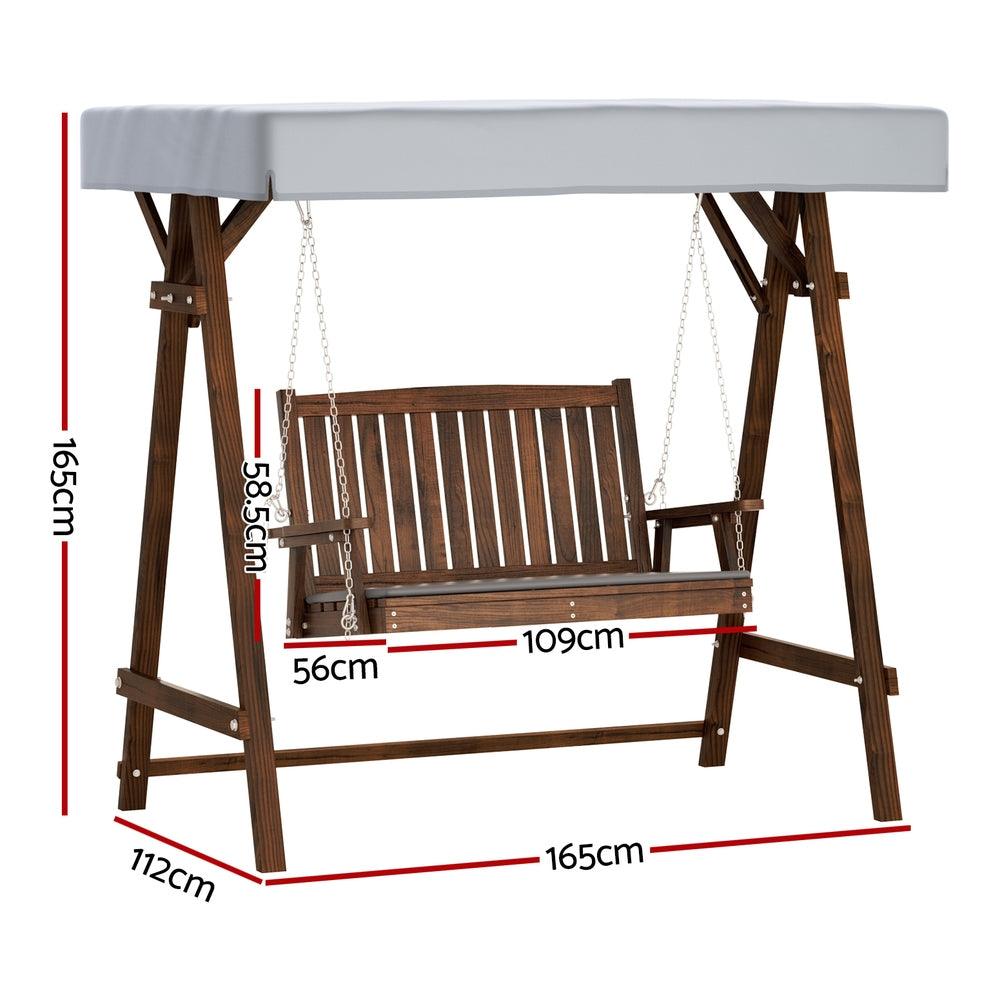 Gardeon Outdoor Wooden Swing Chair Garden Bench Canopy Cushion 2 Seater Charcoal - Ozstylz