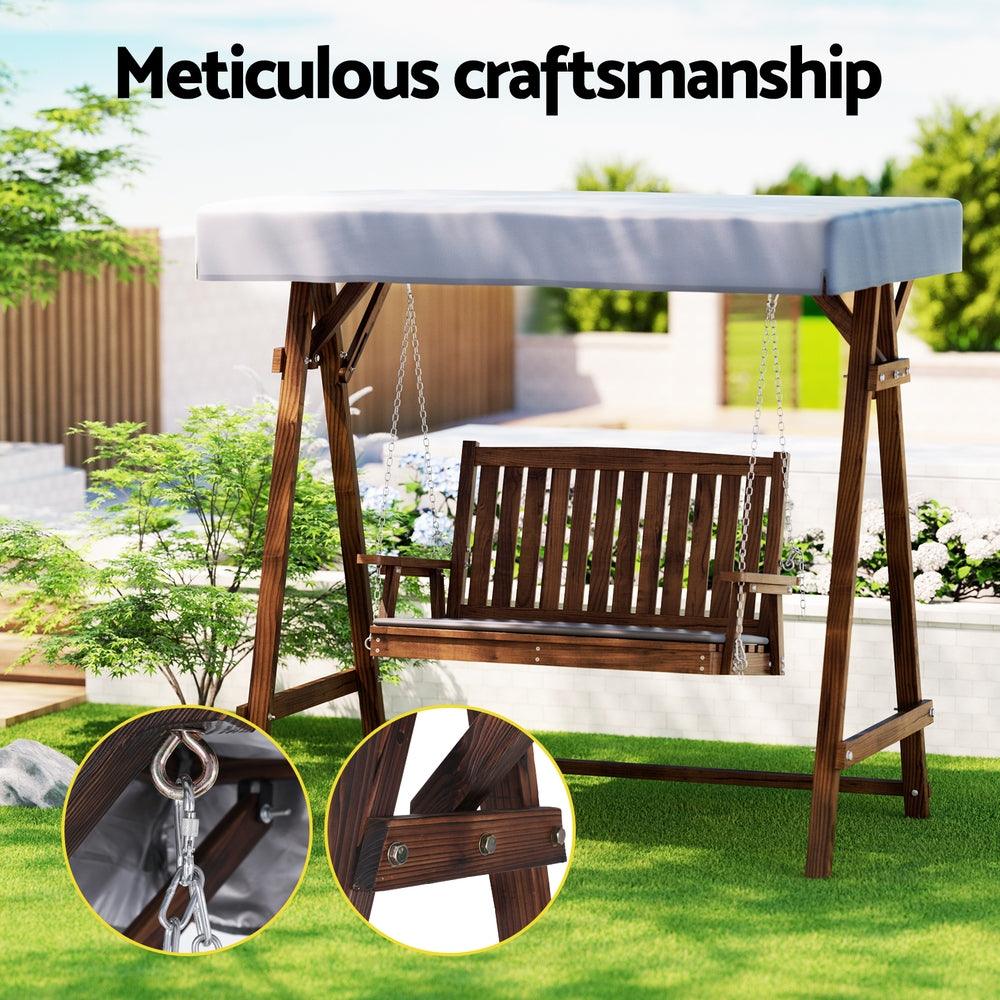 Gardeon Outdoor Wooden Swing Chair Garden Bench Canopy Cushion 2 Seater Charcoal - Ozstylz