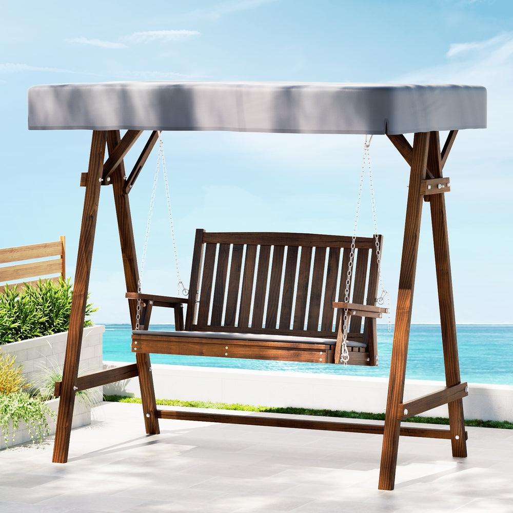 Gardeon Outdoor Wooden Swing Chair Garden Bench Canopy Cushion 2 Seater Charcoal - Ozstylz