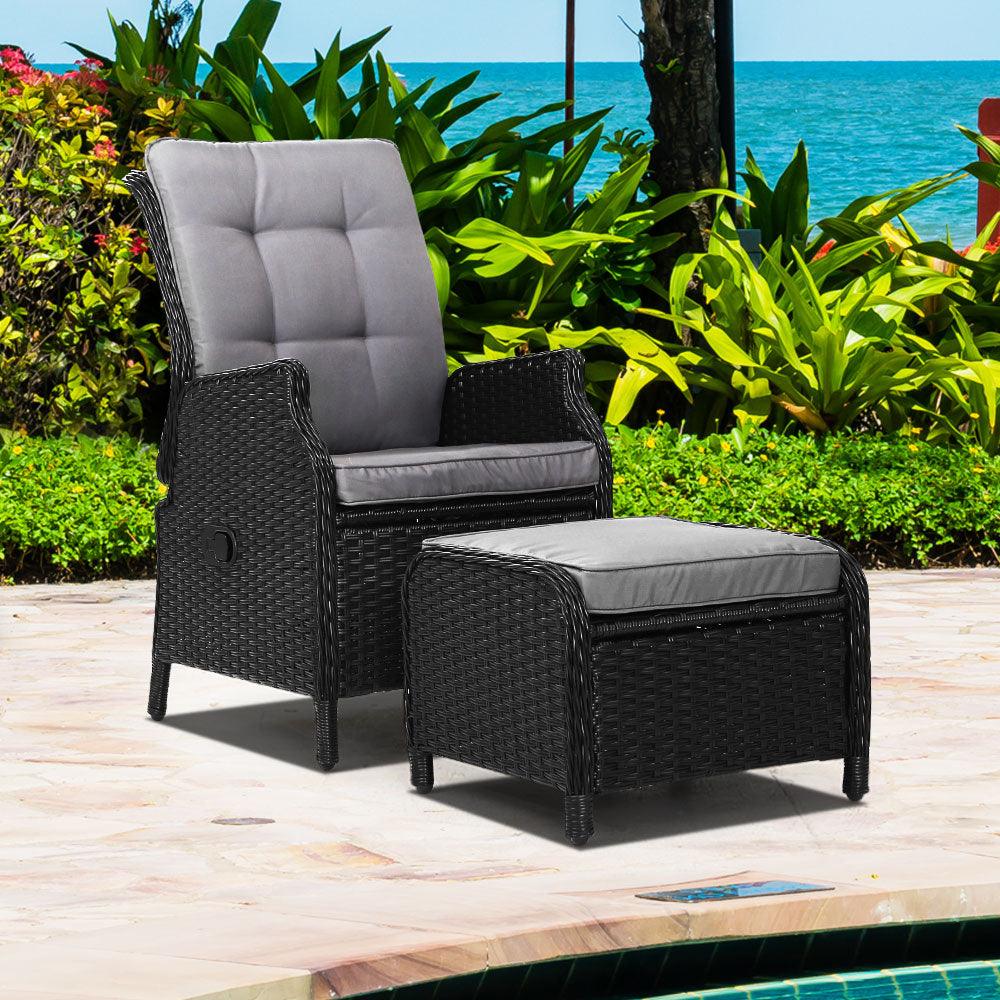 Gardeon Recliner Chair Sun lounge Wicker Lounger Outdoor Furniture Patio Adjustable Black - Ozstylz