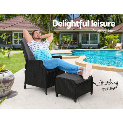 Gardeon Recliner Chair Sun lounge Wicker Lounger Outdoor Furniture Patio Adjustable Black - Ozstylz