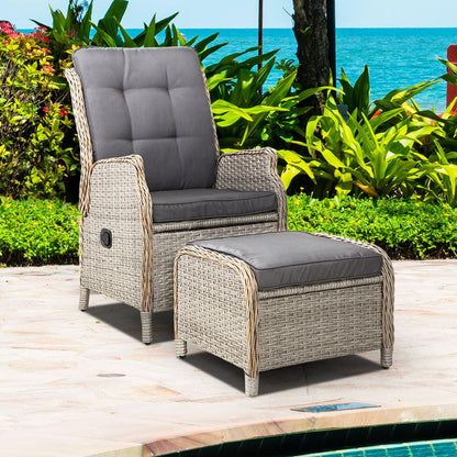 Gardeon Recliner Chair Sun lounge Wicker Lounger Outdoor Furniture Patio Adjustable Grey - Ozstylz