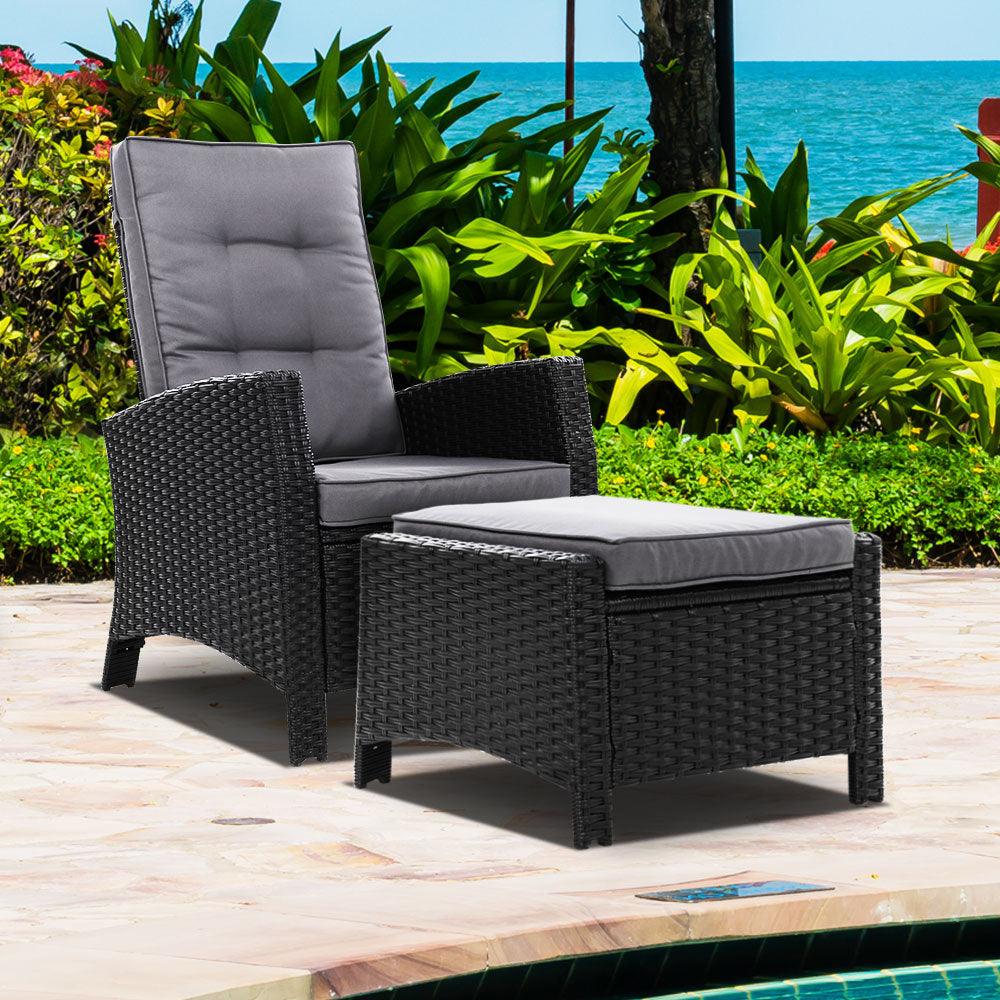 Gardeon Recliner Chair Sun lounge Wicker Lounger Outdoor Patio Furniture Adjustable Black - Ozstylz