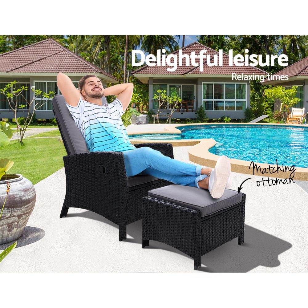 Gardeon Recliner Chair Sun lounge Wicker Lounger Outdoor Patio Furniture Adjustable Black - Ozstylz