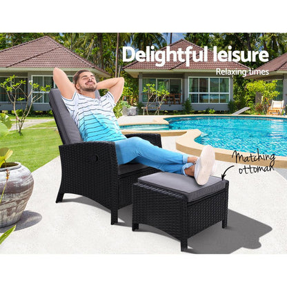 Gardeon Recliner Chair Sun lounge Wicker Lounger Outdoor Patio Furniture Adjustable Black - Ozstylz