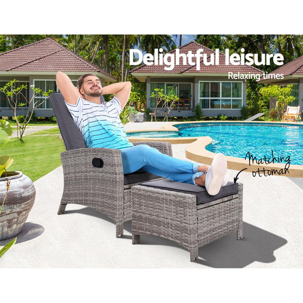 Gardeon Recliner Chair Sun lounge Wicker Lounger Outdoor Patio Furniture Adjustable Grey - Ozstylz