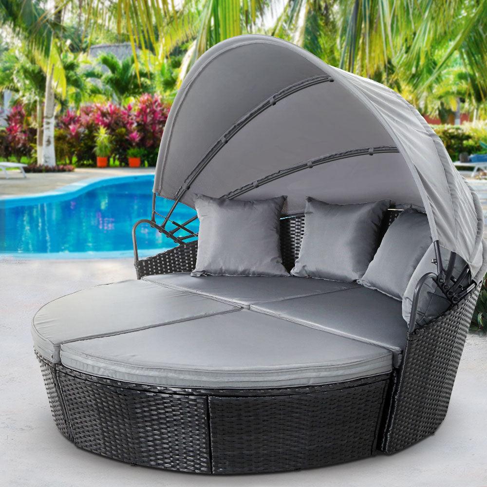 Gardeon Sun Lounge Setting Wicker Lounger Day Bed Outdoor Furniture Patio Black - Ozstylz