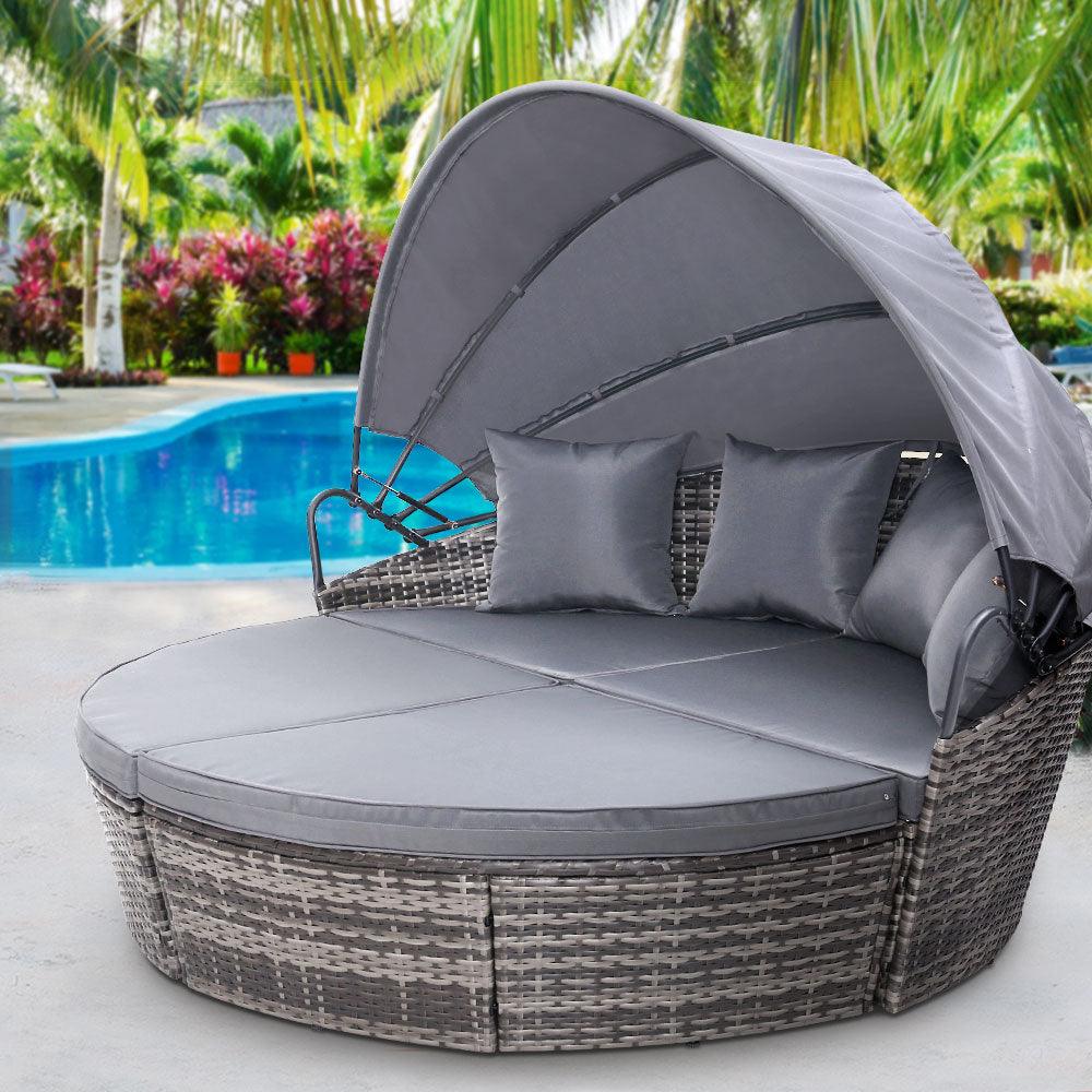 Gardeon Sun Lounge Setting Wicker Lounger Day Bed Outdoor Furniture Patio Grey - Ozstylz