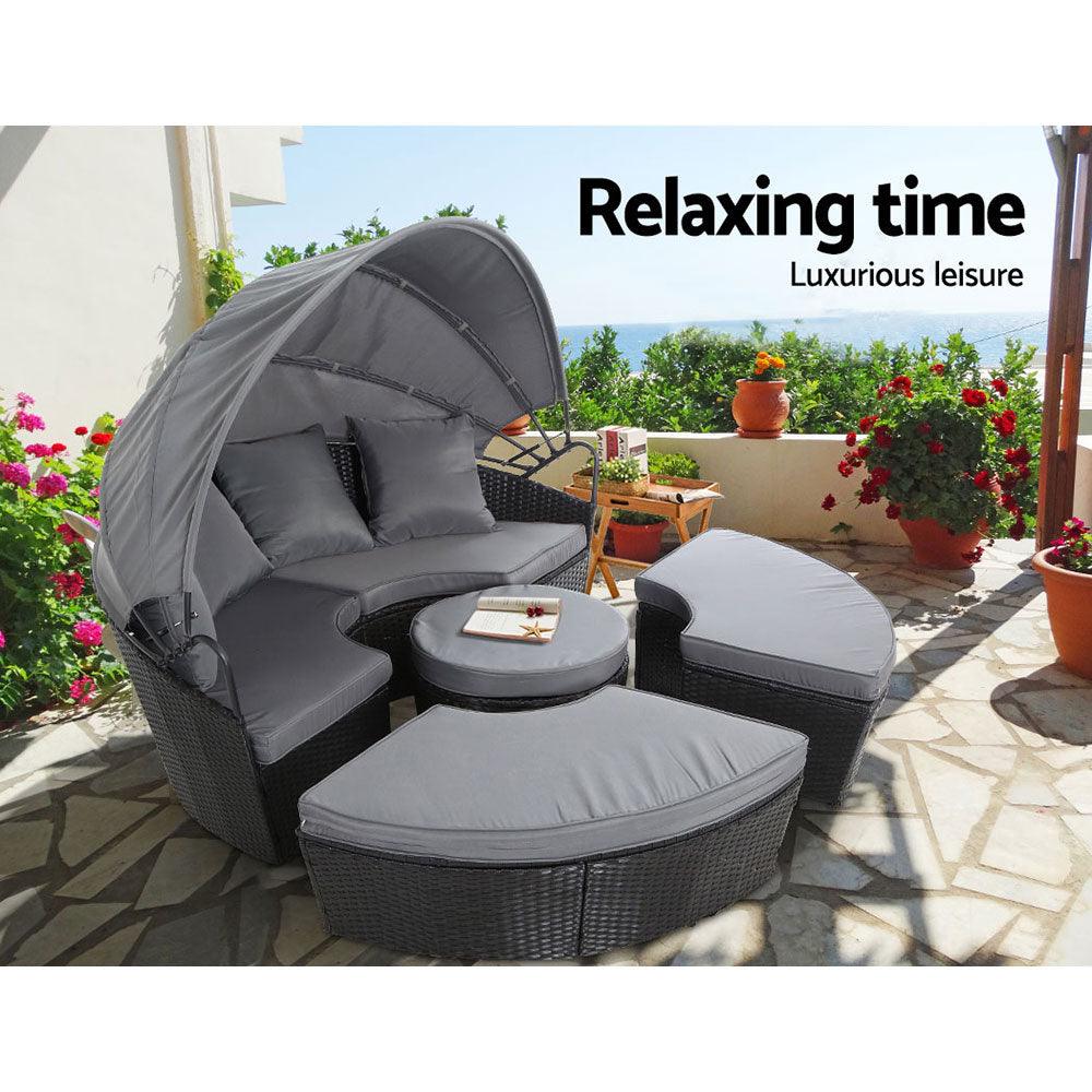 Gardeon Sun Lounge Setting Wicker Lounger Day Bed Patio Outdoor Furniture Black - Ozstylz