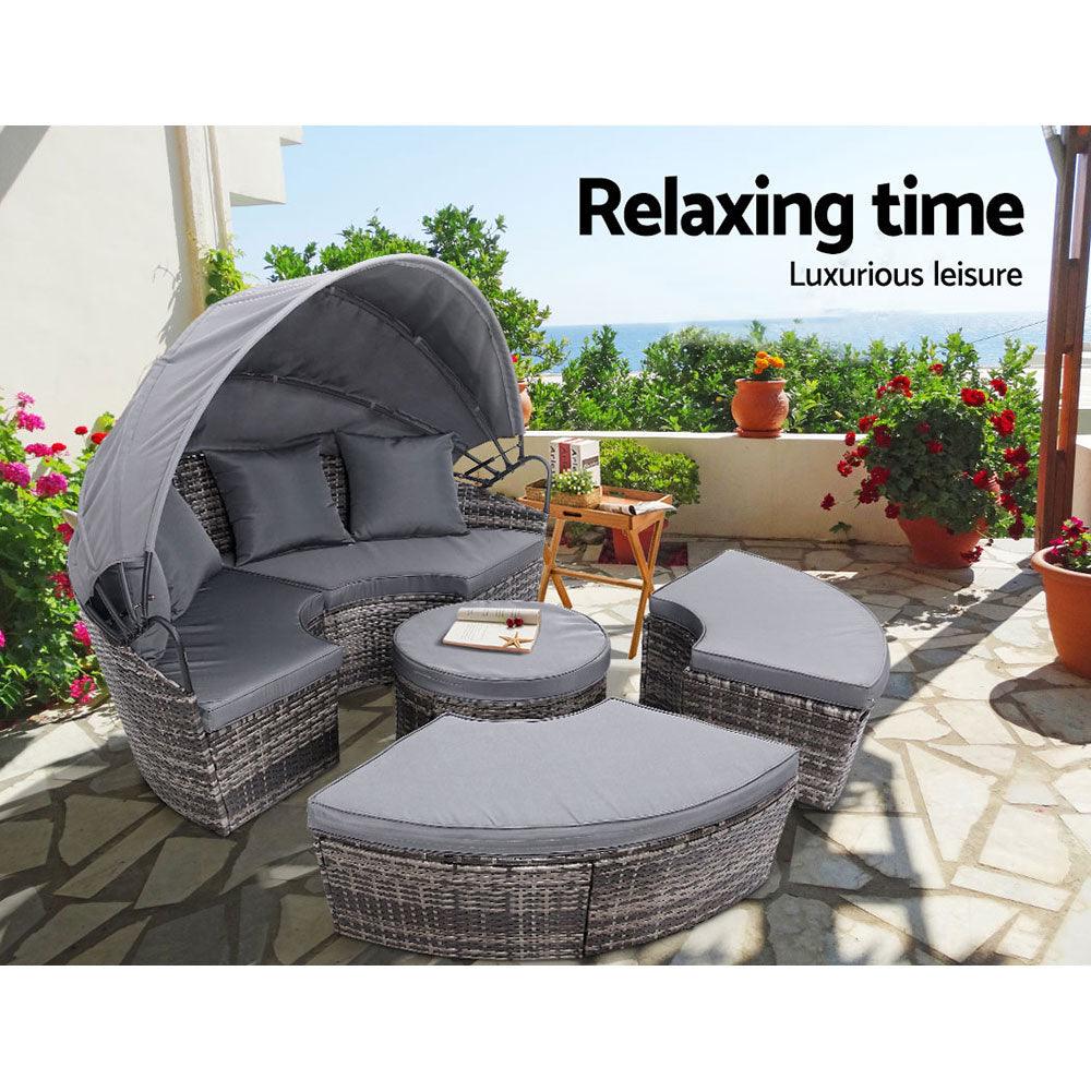 Gardeon Sun Lounge Setting Wicker Lounger Day Bed Patio Outdoor Furniture Grey - Ozstylz