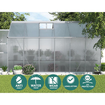 Greenfingers Greenhouse 3.7x2.5x2.26M Double Doors Aluminium Green House Garden Shed - Ozstylz