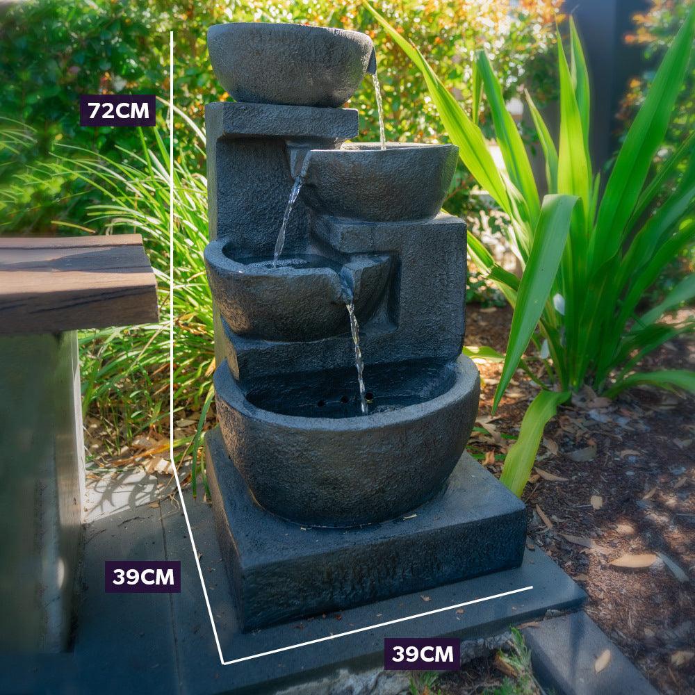 PROTEGE Solar Fountain Water Feature Outdoor 4 Bowl with LED Lights - Charcoal - Ozstylz