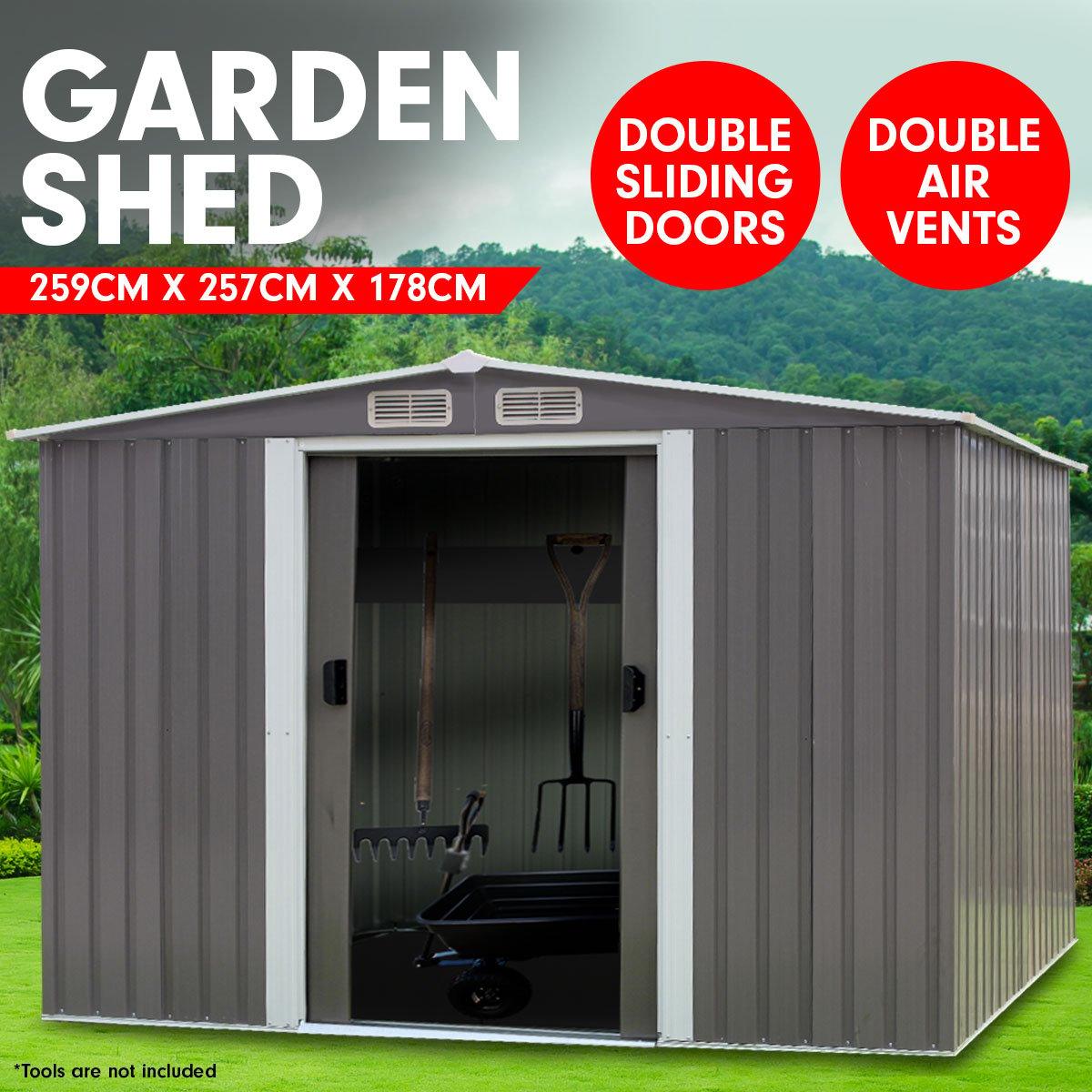 Wallaroo Garden Shed Spire Roof 8ft x 8ft Outdoor Storage Shelter - Grey - Ozstylz