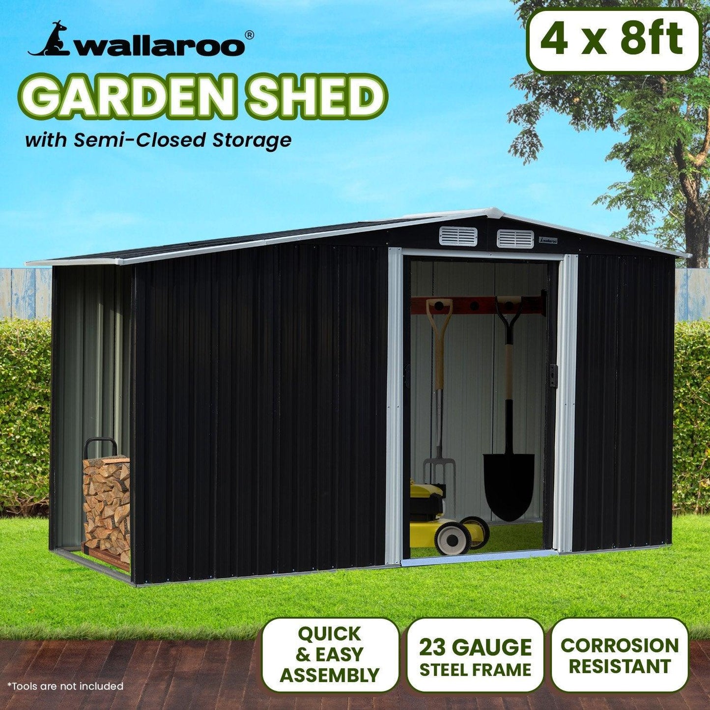 Wallaroo Garden Shed with Semi-Close Storage 4*8FT - Black - Ozstylz