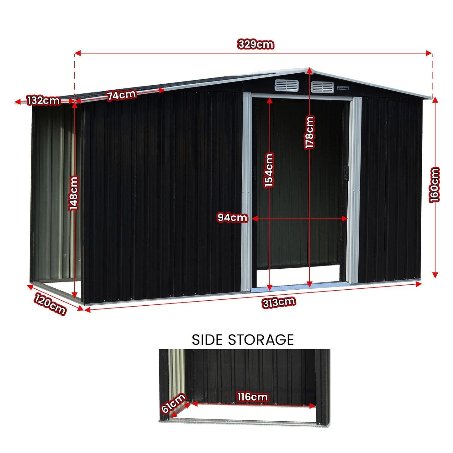 Wallaroo Garden Shed with Semi-Close Storage 4*8FT - Black - Ozstylz