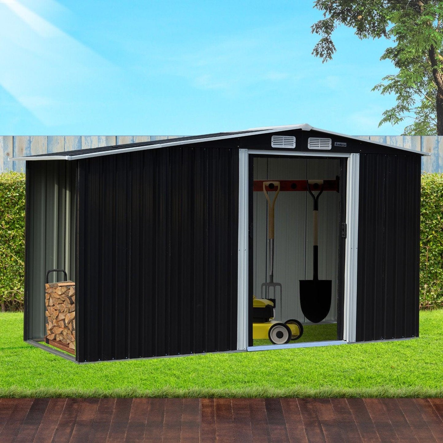 Wallaroo Garden Shed with Semi-Close Storage 4*8FT - Black - Ozstylz