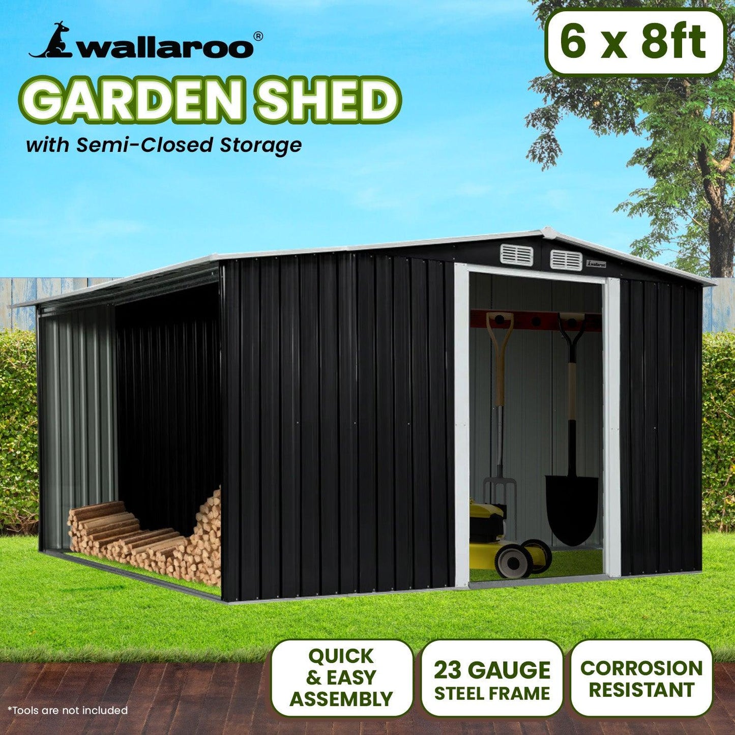 Wallaroo Garden Shed with Semi-Close Storage 6*8FT - Black - Ozstylz