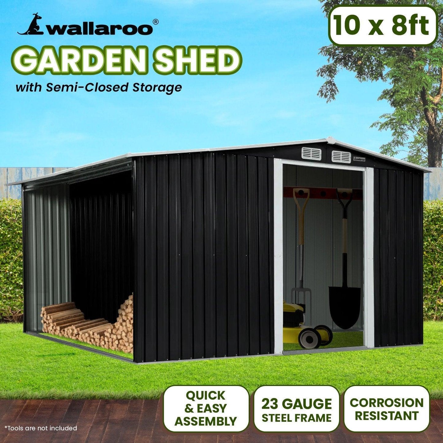 Wallaroo Garden Shed with Semi-Closed Storage 10*8FT - Black - Ozstylz