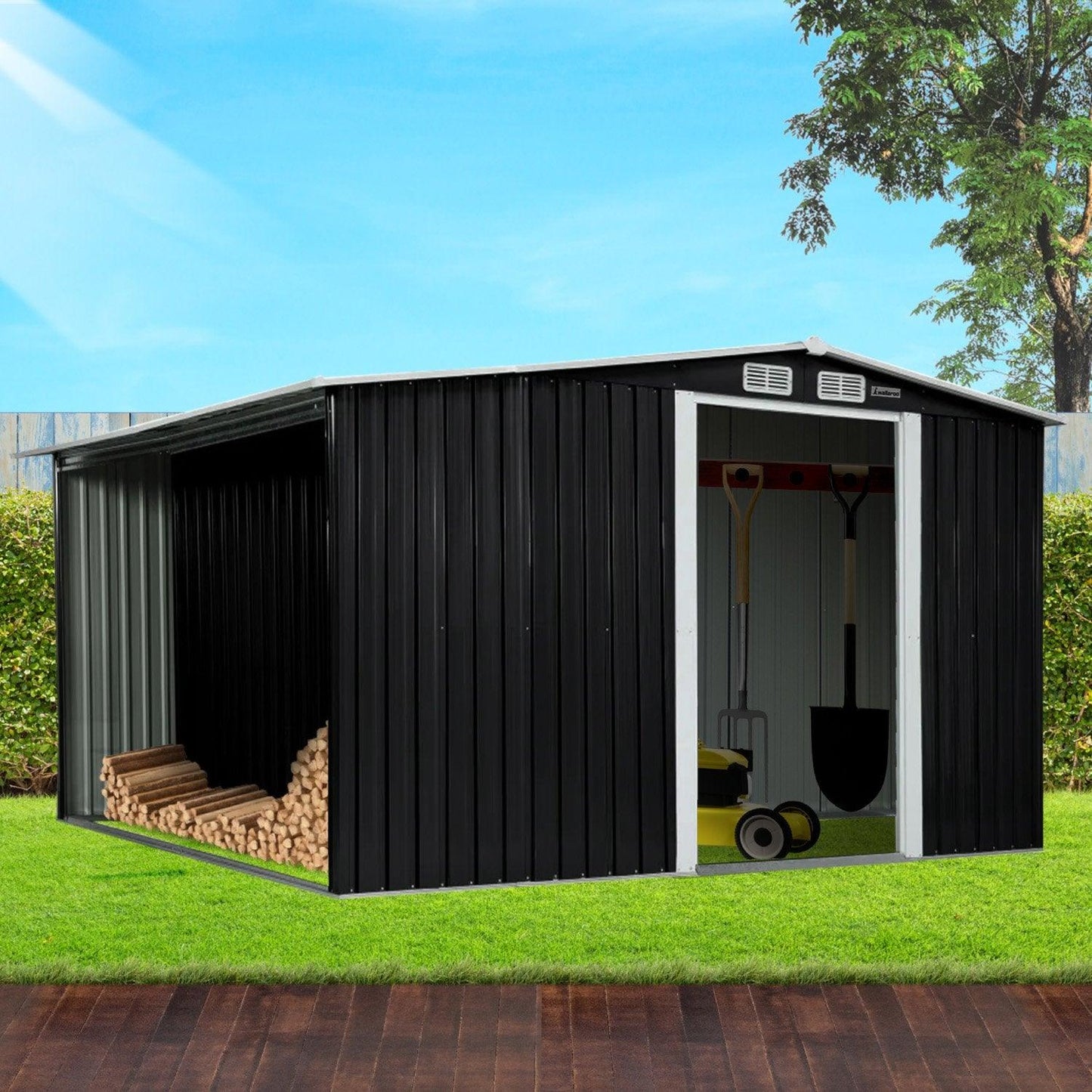 Wallaroo Garden Shed with Semi-Closed Storage 10*8FT - Black - Ozstylz