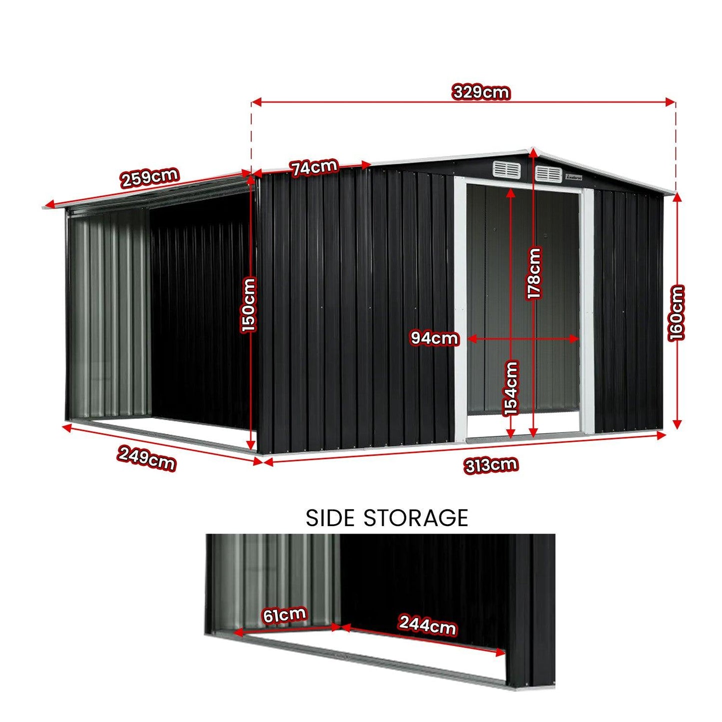 Wallaroo Garden Shed with Semi-Closed Storage 8*8FT - Black - Ozstylz